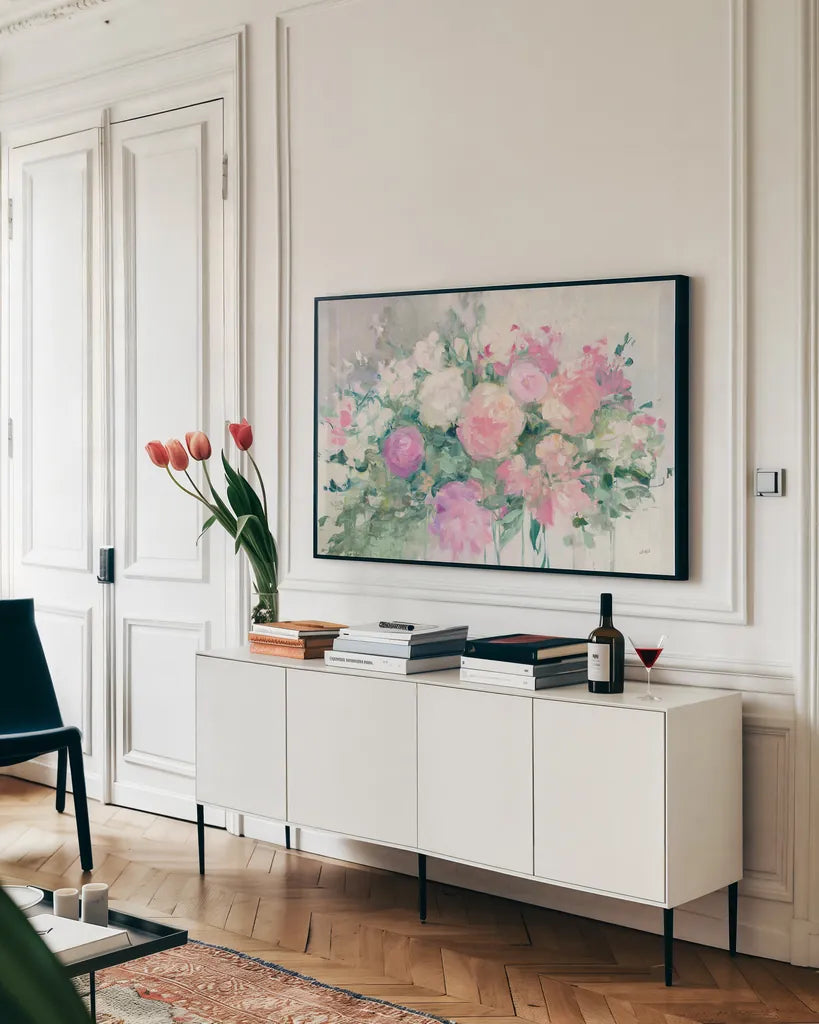 June Abundance I by Julia Purinton. shown as a framed stretched canvas in a living room above a console. Available as a archival giclee rolled canvas, fine art paper, or poster print. SKU 43033i.