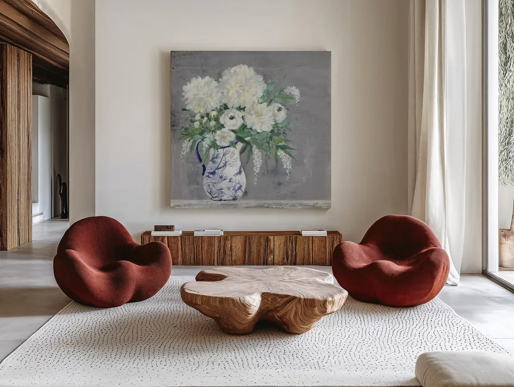Lake Summer Bouquet I Chinoiserie by Julia Purinton. Shown as extra-large giant wall art in a modern living room. Available as an archival giclee rolled canvas, fine art paper, or poster print. SKU 68676a.
