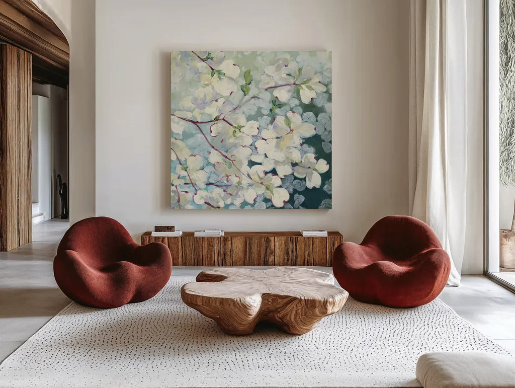 Magnolia Delight by Julia Purinton. Shown as extra-large giant wall art in a modern living room. Available as an archival giclee rolled canvas, fine art paper, or poster print. SKU 17527a.
