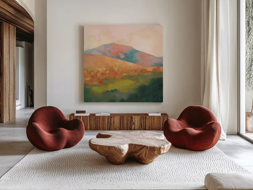 Mountain Morning Pink by Julia Purinton. Shown as extra-large giant wall art in a modern living room. Available as an archival giclee rolled canvas, fine art paper, or poster print. SKU 70443a.
