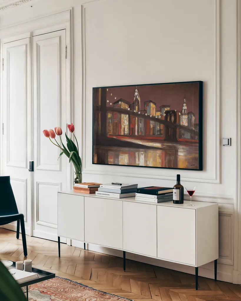 NYC Nitetime Crop by Julia Purinton. shown as a framed stretched canvas in a living room above a console. Available as a archival giclee rolled canvas, fine art paper, or poster print. SKU 17262i.