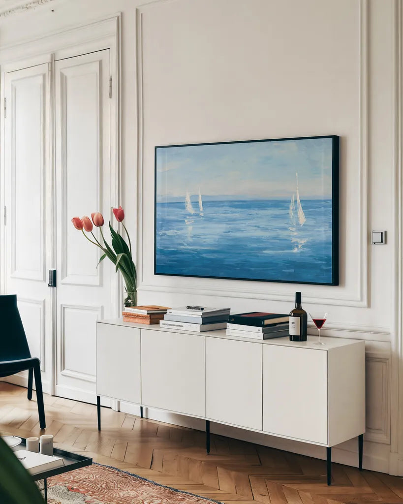 Open Sail with Turquoise by Julia Purinton. shown as a framed stretched canvas in a living room above a console. Available as a archival giclee rolled canvas, fine art paper, or poster print. SKU 25356i.