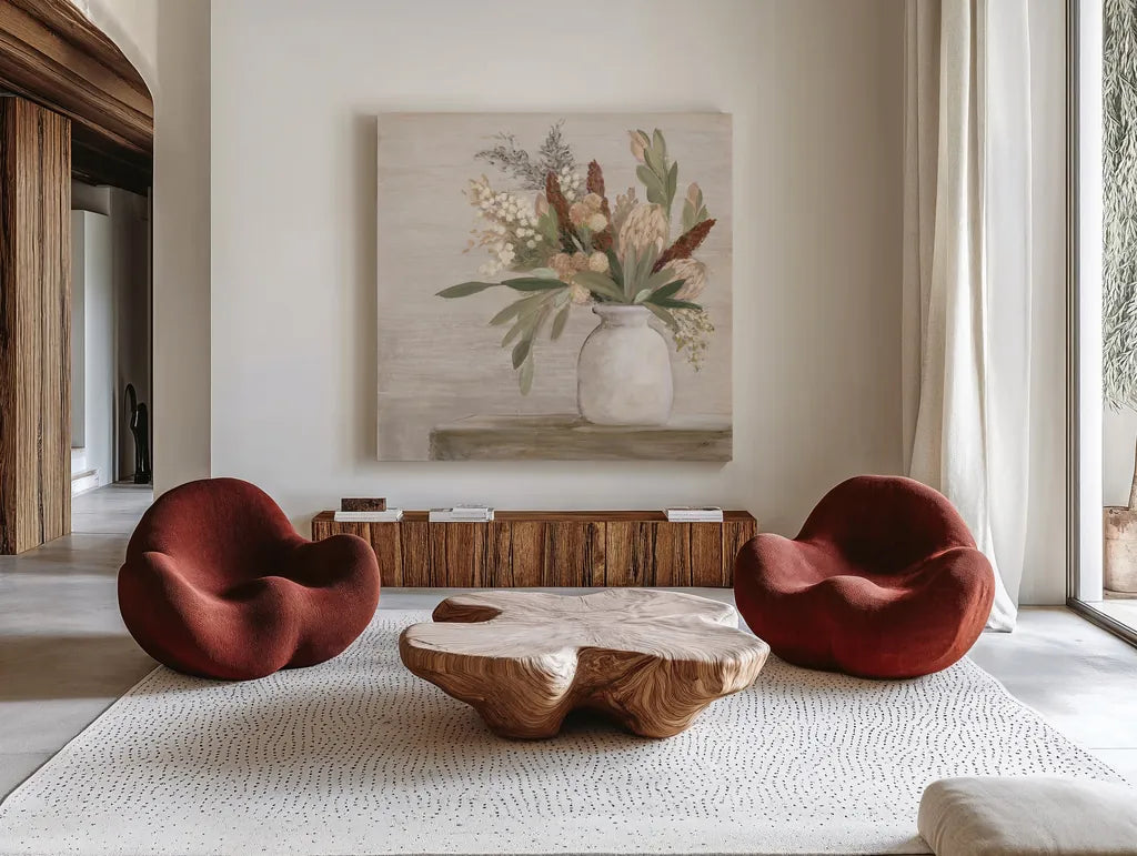Protea Still Life I Neutral by Julia Purinton. Shown as extra-large giant wall art in a modern living room. Available as an archival giclee rolled canvas, fine art paper, or poster print. SKU 76367a.