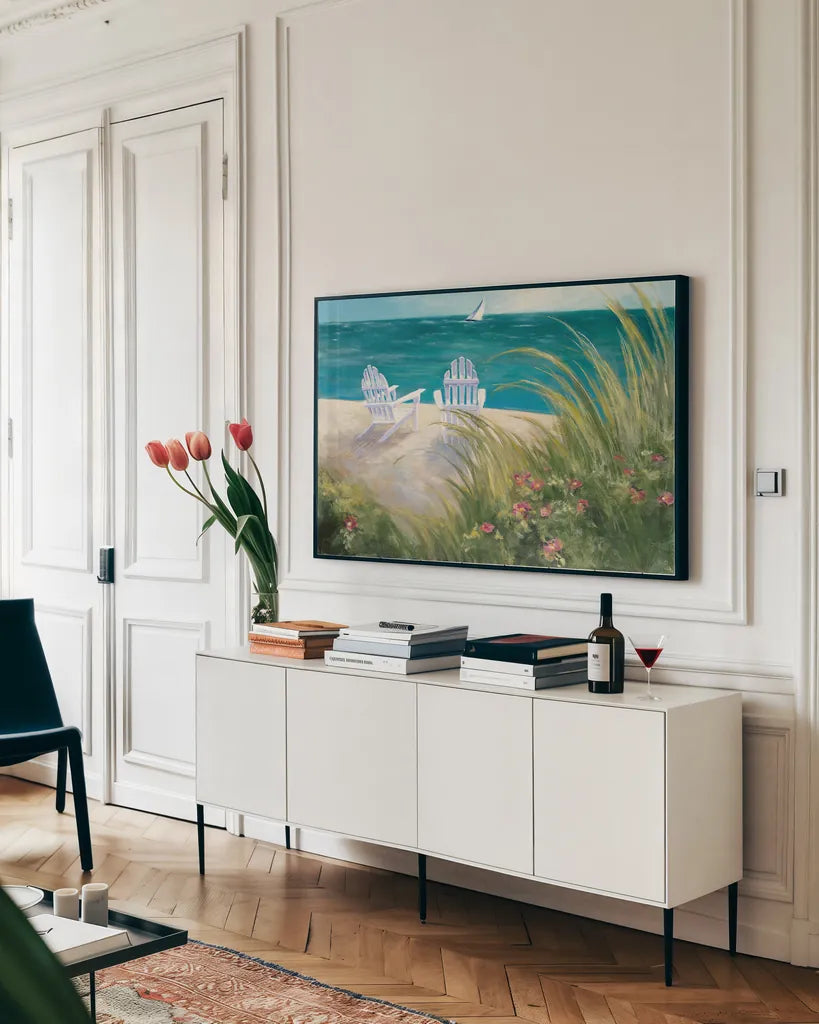 Regatta I by Julia Purinton. shown as a framed stretched canvas in a living room above a console. Available as a archival giclee rolled canvas, fine art paper, or poster print. SKU 12505i.