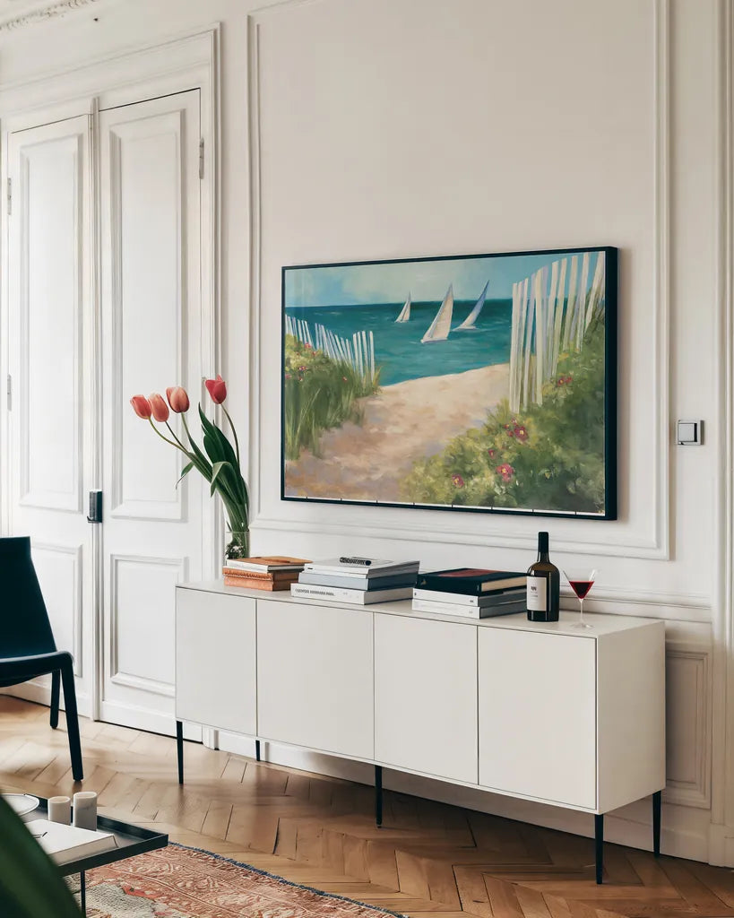 Regatta II by Julia Purinton. shown as a framed stretched canvas in a living room above a console. Available as a archival giclee rolled canvas, fine art paper, or poster print. SKU 12506i.