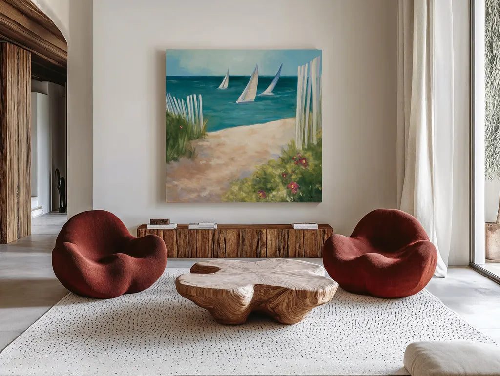 Regatta II Square by Julia Purinton. Shown as extra-large giant wall art in a modern living room. Available as an archival giclee rolled canvas, fine art paper, or poster print. SKU 12506a.