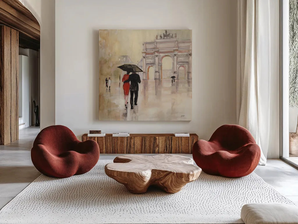 Romantic Paris II by Julia Purinton. Shown as extra-large giant wall art in a modern living room. Available as an archival giclee rolled canvas, fine art paper, or poster print. SKU 15470a.