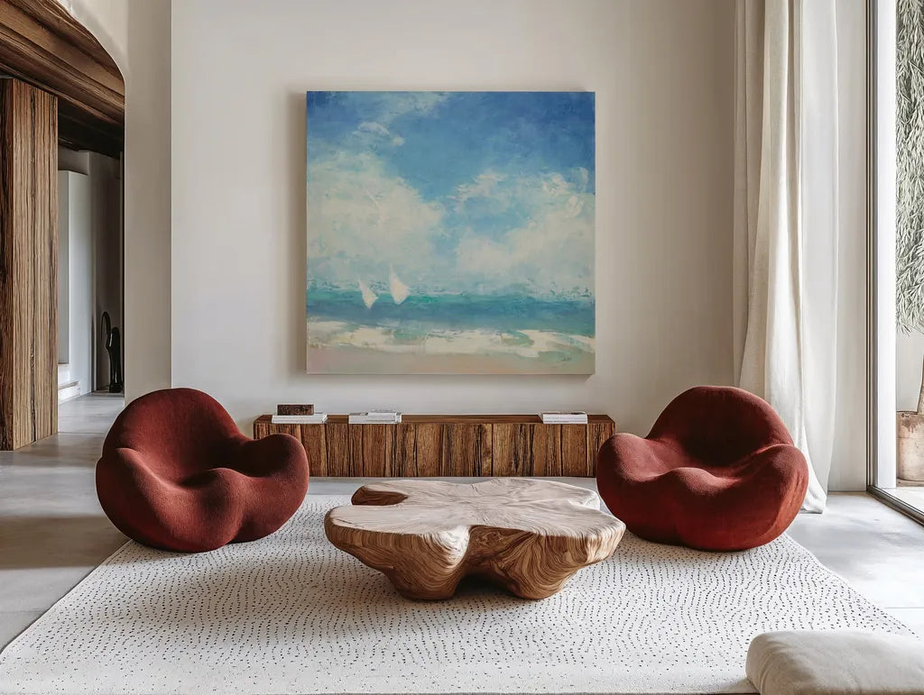 Rounding the Buoy by Julia Purinton. Shown as extra-large giant wall art in a modern living room. Available as an archival giclee rolled canvas, fine art paper, or poster print. SKU 43391a.