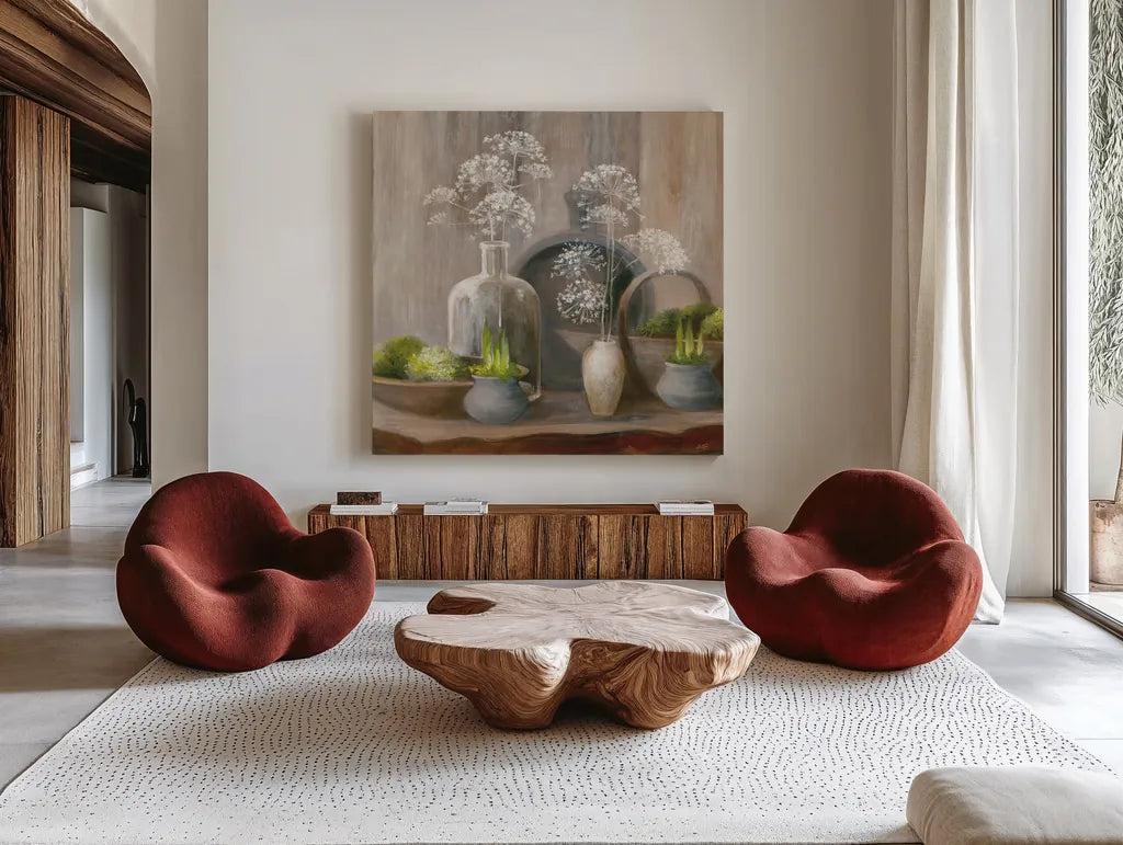 Rustic Elegance I Crop by Julia Purinton. Shown as extra-large giant wall art in a modern living room. Available as an archival giclee rolled canvas, fine art paper, or poster print. SKU 78031a.