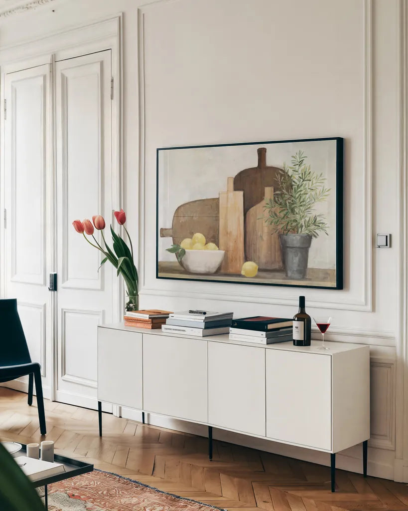 Rustic Kitchen Brown by Julia Purinton. shown as a framed stretched canvas in a living room above a console. Available as a archival giclee rolled canvas, fine art paper, or poster print. SKU 77561i.