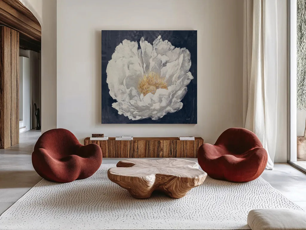 Serene Peony Navy by Julia Purinton. Shown as extra-large giant wall art in a modern living room. Available as an archival giclee rolled canvas, fine art paper, or poster print. SKU 72573a.