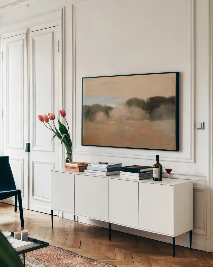 Sienna Fields II by Julia Purinton. shown as a framed stretched canvas in a living room above a console. Available as a archival giclee rolled canvas, fine art paper, or poster print. SKU 71912i.