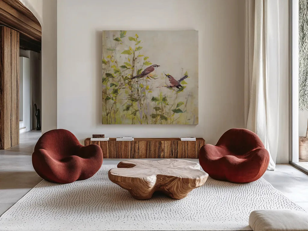 Song of Spring II by Julia Purinton. Shown as extra-large giant wall art in a modern living room. Available as an archival giclee rolled canvas, fine art paper, or poster print. SKU 97985a.