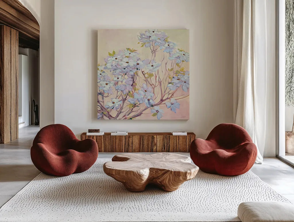 Spring Dogwood II by Julia Purinton. Shown as extra-large giant wall art in a modern living room. Available as an archival giclee rolled canvas, fine art paper, or poster print. SKU 18083a.