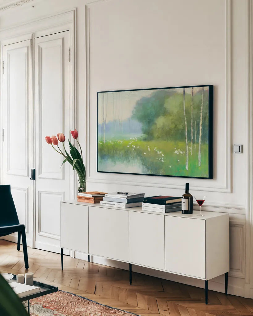 Spring Midst by Julia Purinton. shown as a framed stretched canvas in a living room above a console. Available as a archival giclee rolled canvas, fine art paper, or poster print. SKU 23805i.
