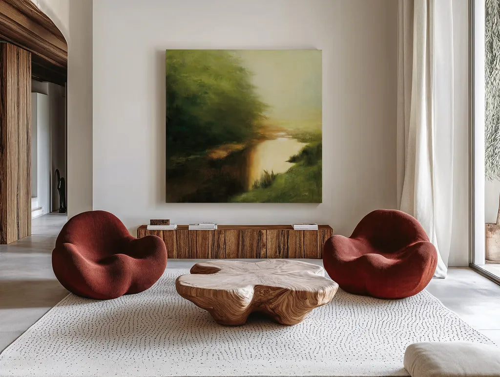 Spring Morning by Julia Purinton. Shown as extra-large giant wall art in a modern living room. Available as an archival giclee rolled canvas, fine art paper, or poster print. SKU 33430a.
