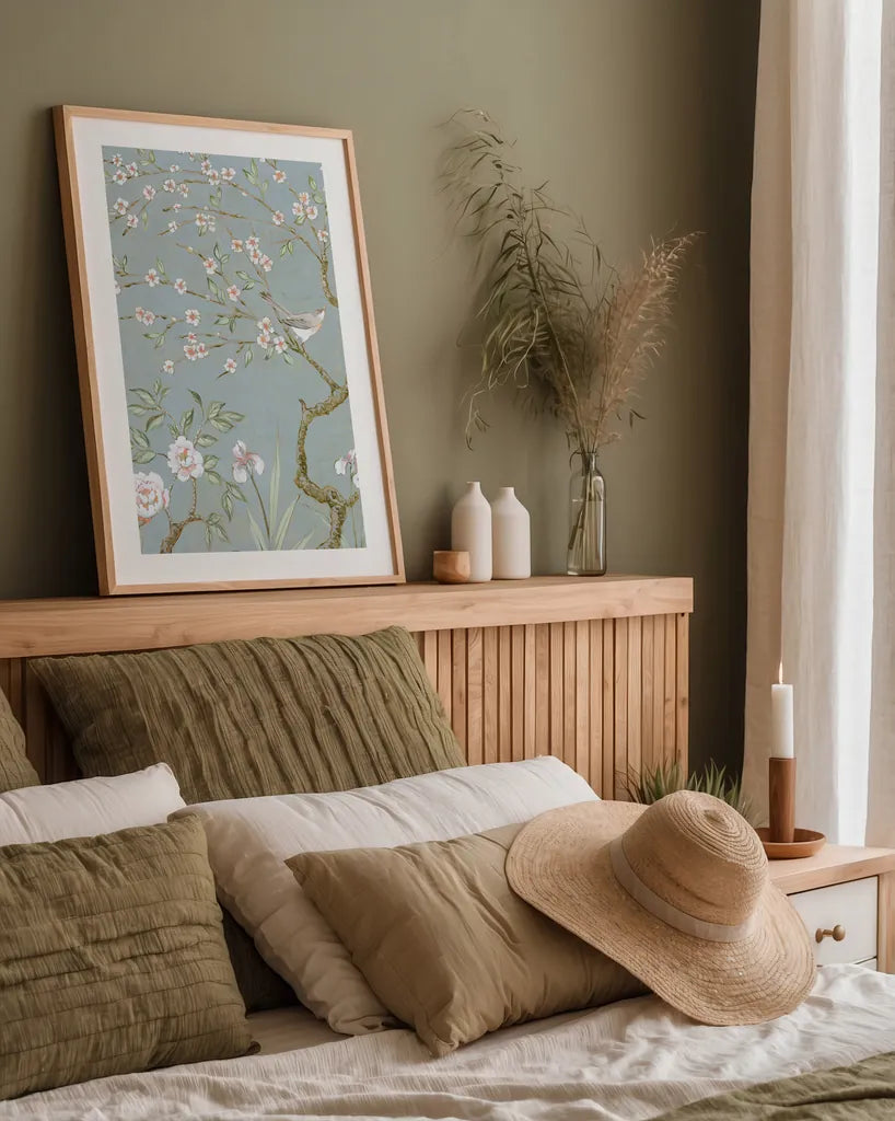 Spring Mural I Blue by Julia Purinton. shown as a paper print in a natural frame. Available as a archival giclee rolled canvas, fine art paper, or poster print. SKU 73114h.