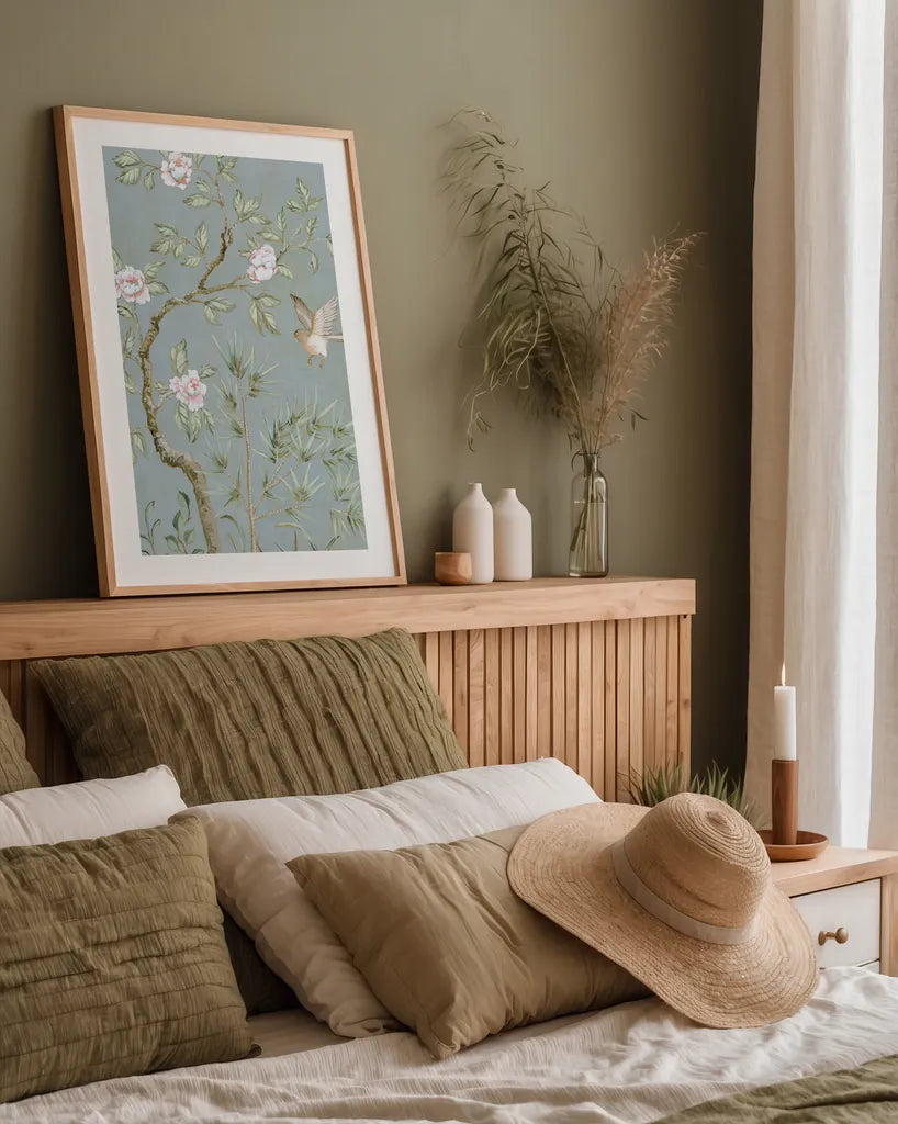 Spring Mural II Blue by Julia Purinton. shown as a paper print in a natural frame. Available as a archival giclee rolled canvas, fine art paper, or poster print. SKU 73115h.