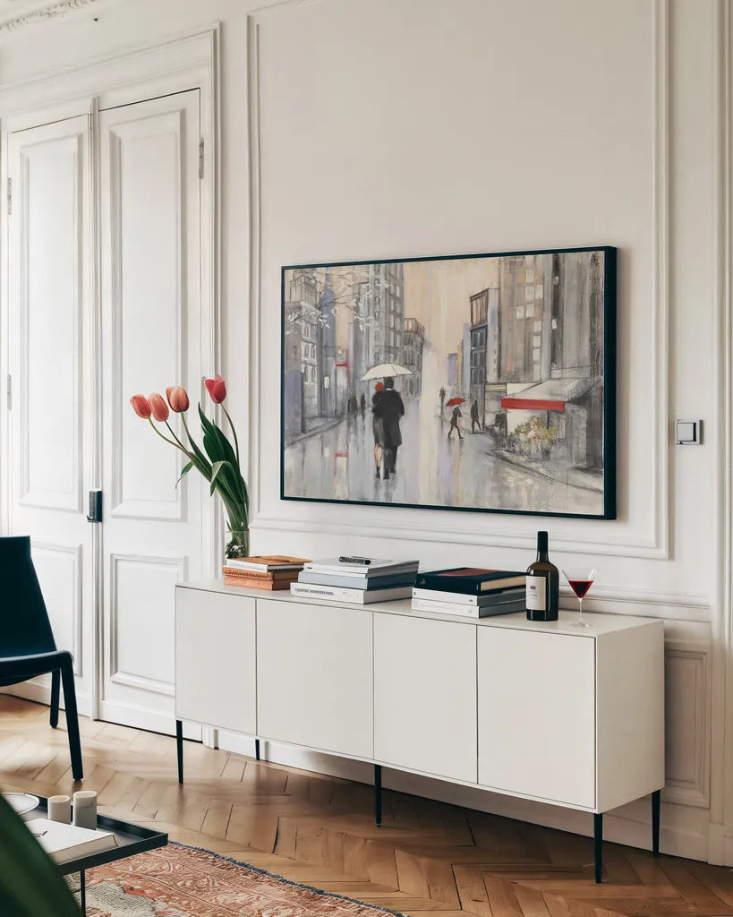 Spring Rain New York by Julia Purinton. shown as a framed stretched canvas in a living room above a console. Available as a archival giclee rolled canvas, fine art paper, or poster print. SKU 18213i.