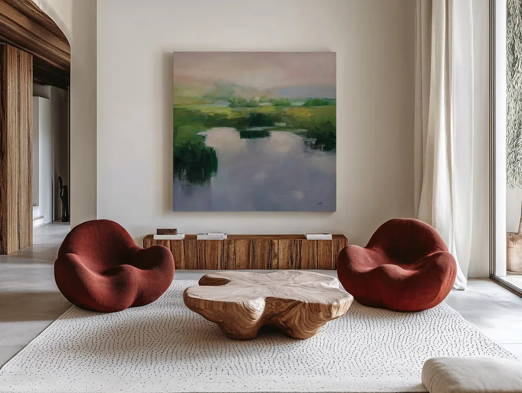 Still Water by Julia Purinton. Shown as extra-large giant wall art in a modern living room. Available as an archival giclee rolled canvas, fine art paper, or poster print. SKU 82637a.