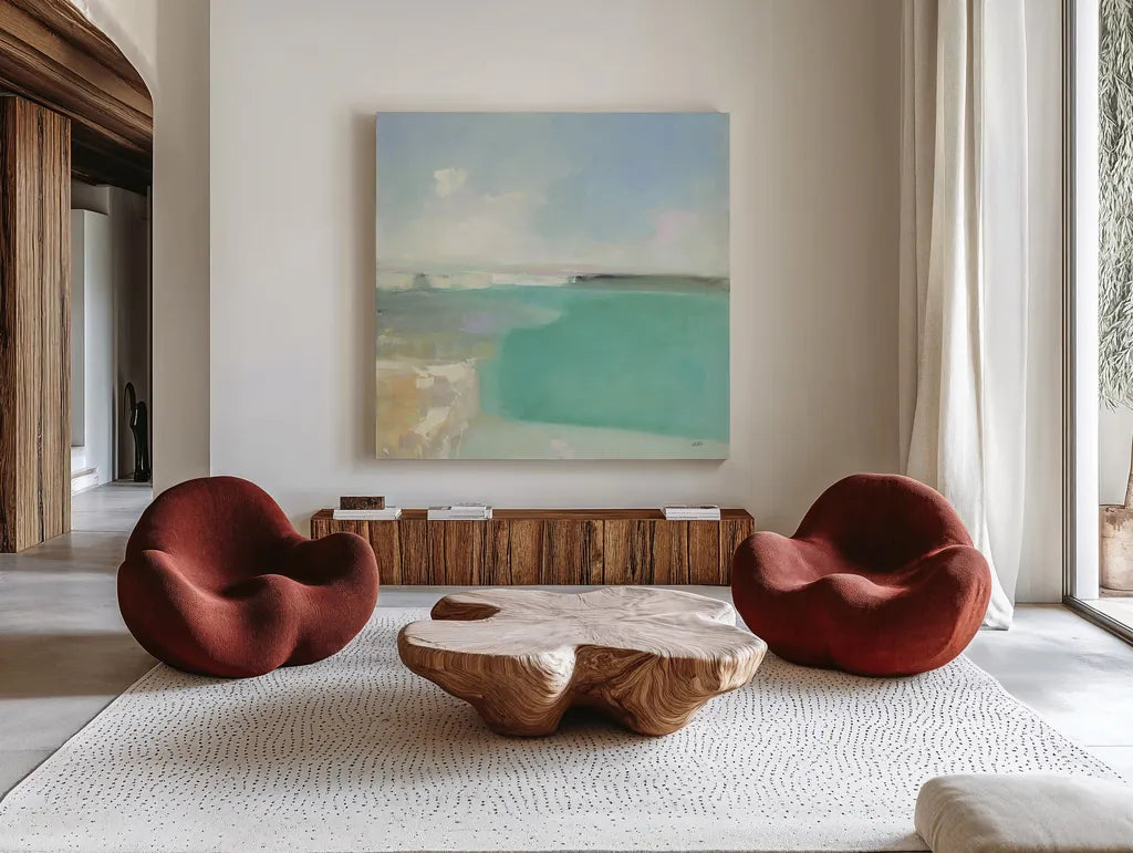 Summer Coastline by Julia Purinton. Shown as extra-large giant wall art in a modern living room. Available as an archival giclee rolled canvas, fine art paper, or poster print. SKU 56320a.