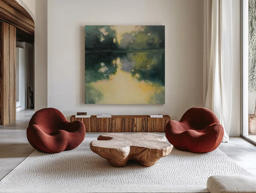 Summer Glow by Julia Purinton. Shown as extra-large giant wall art in a modern living room. Available as an archival giclee rolled canvas, fine art paper, or poster print. SKU 88399a.