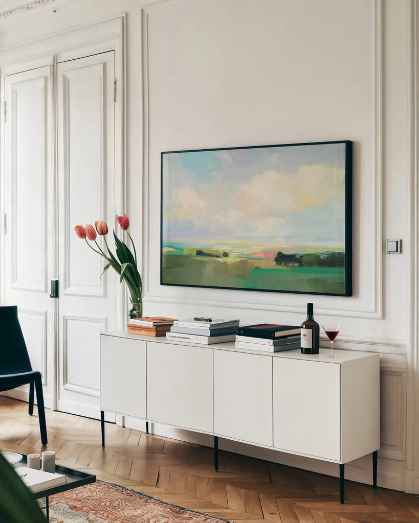 Summer Sky I by Julia Purinton. shown as a framed stretched canvas in a living room above a console. Available as a archival giclee rolled canvas, fine art paper, or poster print. SKU 58513i.