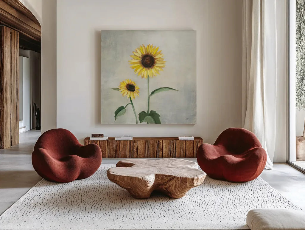 Sunny Blooms I by Julia Purinton. Shown as extra-large giant wall art in a modern living room. Available as an archival giclee rolled canvas, fine art paper, or poster print. SKU 62195a.