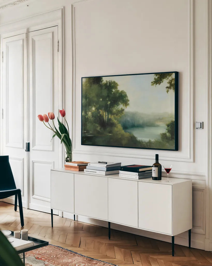 Sylvan View by Julia Purinton. shown as a framed stretched canvas in a living room above a console. Available as a archival giclee rolled canvas, fine art paper, or poster print. SKU 67931i.