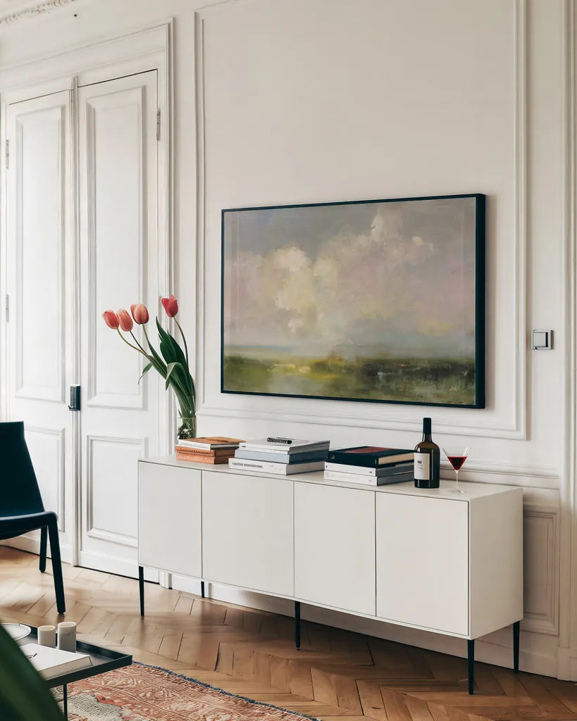 Thoughtful by Julia Purinton. shown as a framed stretched canvas in a living room above a console. Available as a archival giclee rolled canvas, fine art paper, or poster print. SKU 83845i.