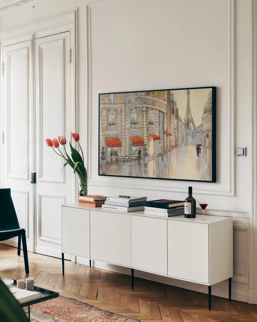 Touring Paris Couple by Julia Purinton. shown as a framed stretched canvas in a living room above a console. Available as a archival giclee rolled canvas, fine art paper, or poster print. SKU 18793i.