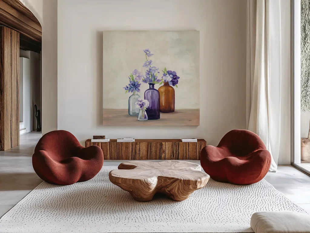 Windowsill Garden I by Julia Purinton. Shown as extra-large giant wall art in a modern living room. Available as an archival giclee rolled canvas, fine art paper, or poster print. SKU 54616a.