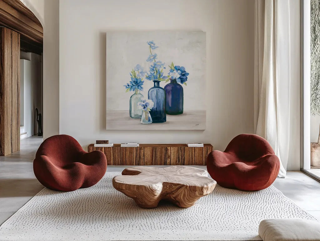 Windowsill Garden I Cobalt by Julia Purinton. Shown as extra-large giant wall art in a modern living room. Available as an archival giclee rolled canvas, fine art paper, or poster print. SKU 67768a.
