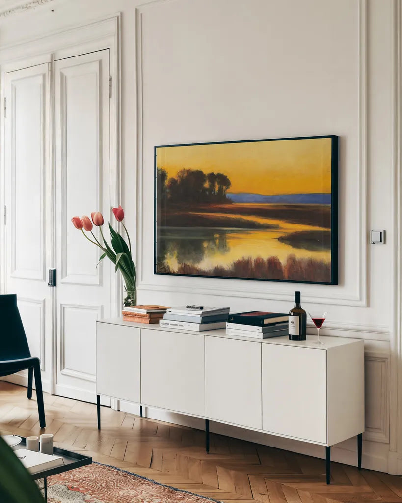 Yellow Twlight Crop by Julia Purinton. shown as a framed stretched canvas in a living room above a console. Available as a archival giclee rolled canvas, fine art paper, or poster print. SKU 19681i.