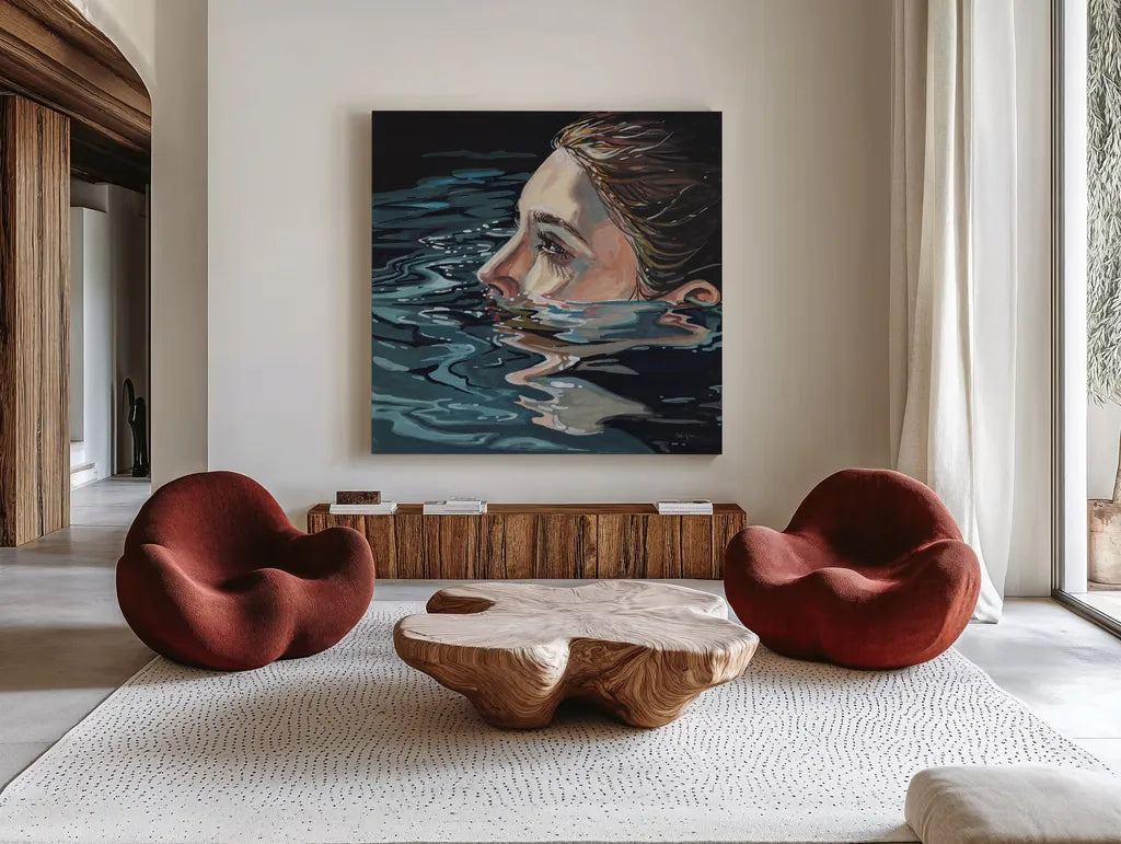 A Still Moment by Kate Jarvik Birch. Shown as extra-large giant wall art in a modern living room. Available as an archival giclee rolled canvas, fine art paper, or poster print. SKU 101971a.