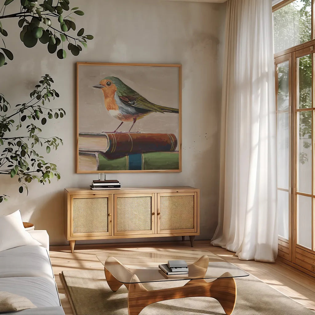 Academia Bird Study Neutral by Kate Jarvik Birch. Shown in a natural wood frame in a cozy modern living room. Available as an archival giclee rolled canvas, fine art paper, or poster print. SKU 100720a.