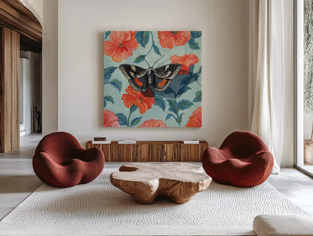 Academia Moth on The Wall by Kate Jarvik Birch. Shown as extra-large giant wall art in a modern living room. Available as an archival giclee rolled canvas, fine art paper, or poster print. SKU 98545a.