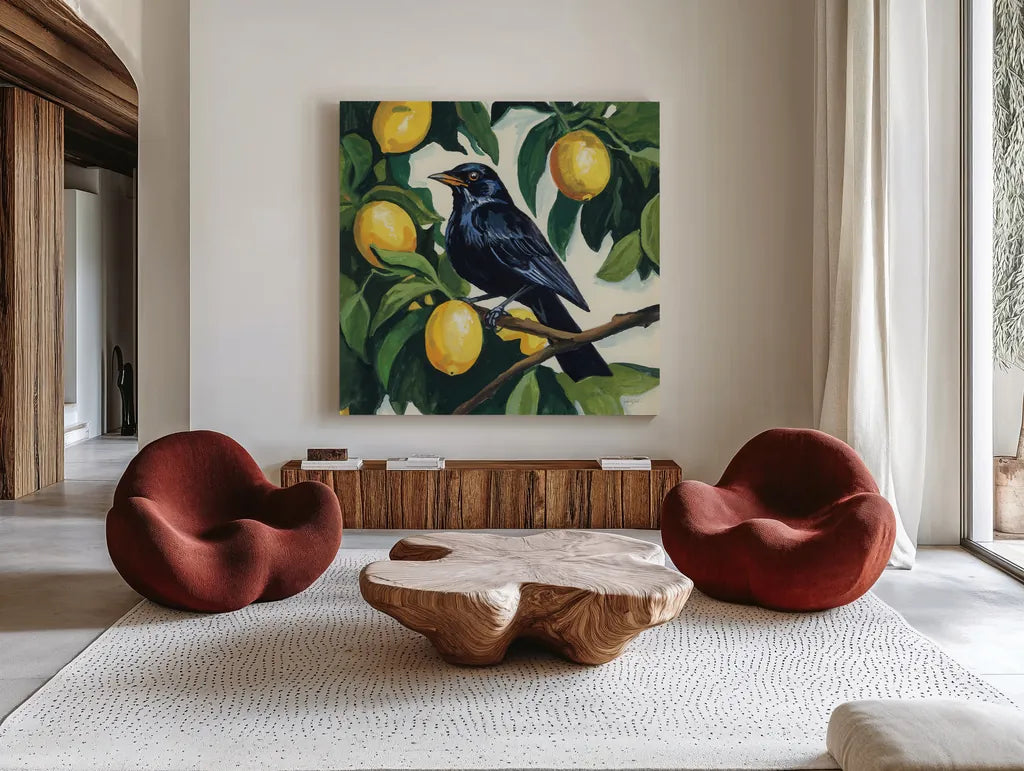 Bird with Lemon Branch by Kate Jarvik Birch. Shown as extra-large giant wall art in a modern living room. Available as an archival giclee rolled canvas, fine art paper, or poster print. SKU 99690a.