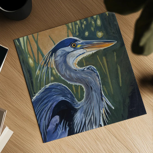 Blue Heron Backlit in Morning by Kate Jarvik Birch. Shown as a detailed flat fine art print, highlighting archival giclee quality. Available as an archival giclee rolled canvas, fine art paper, or poster print. SKU 98608a.
