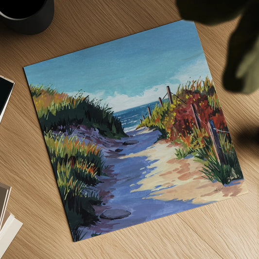 Breezy Beach Pathway by Kate Jarvik Birch. Shown as a detailed flat fine art print, highlighting archival giclee quality. Available as an archival giclee rolled canvas, fine art paper, or poster print. SKU 101985a.
