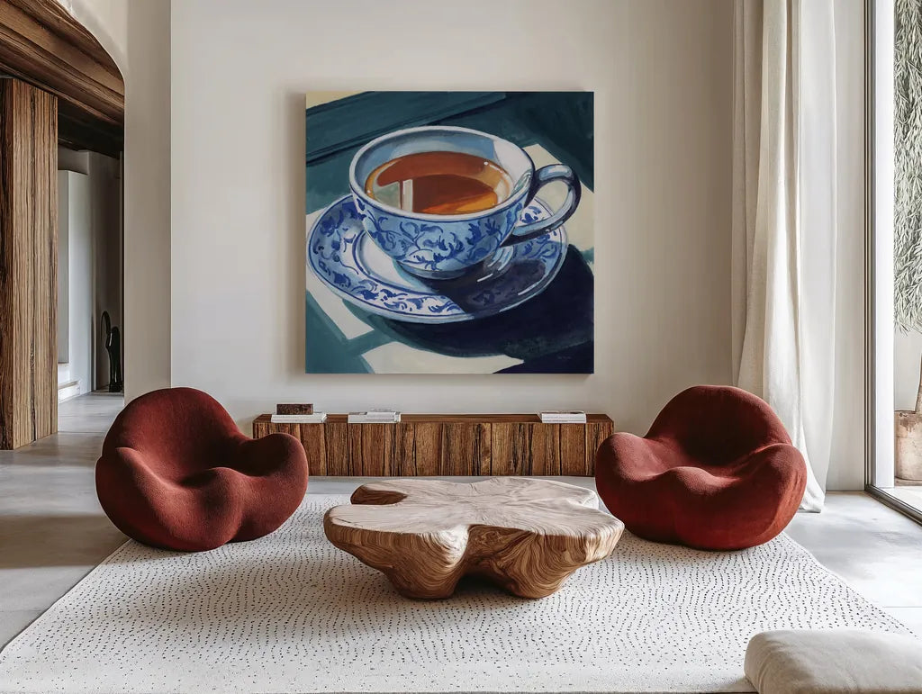 Chinoiserie Tea Time by Kate Jarvik Birch. Shown as extra-large giant wall art in a modern living room. Available as an archival giclee rolled canvas, fine art paper, or poster print. SKU 98558a.