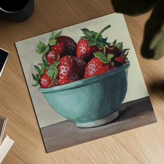 Country Kitchen Strawberries by Kate Jarvik Birch. Shown as a detailed flat fine art print, highlighting archival giclee quality. Available as an archival giclee rolled canvas, fine art paper, or poster print. SKU 100955a.