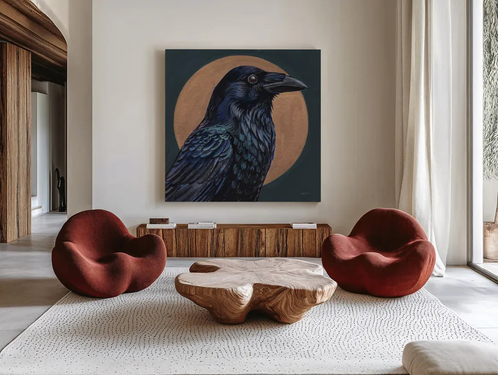 Crow By Golden Moon by Kate Jarvik Birch. Shown as extra-large giant wall art in a modern living room. Available as an archival giclee rolled canvas, fine art paper, or poster print. SKU 100963a.