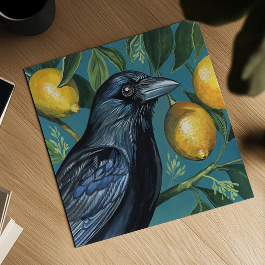 Crow With Lemon Backdrop by Kate Jarvik Birch. Shown as a detailed flat fine art print, highlighting archival giclee quality. Available as an archival giclee rolled canvas, fine art paper, or poster print. SKU 98564a.