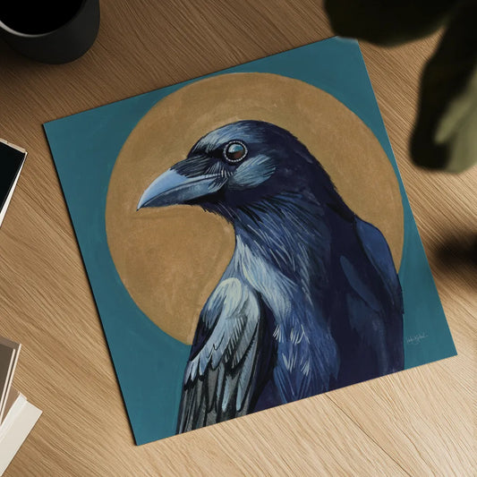 Crow and Golden Sun by Kate Jarvik Birch. Shown as a detailed flat fine art print, highlighting archival giclee quality. Available as an archival giclee rolled canvas, fine art paper, or poster print. SKU 98620a.