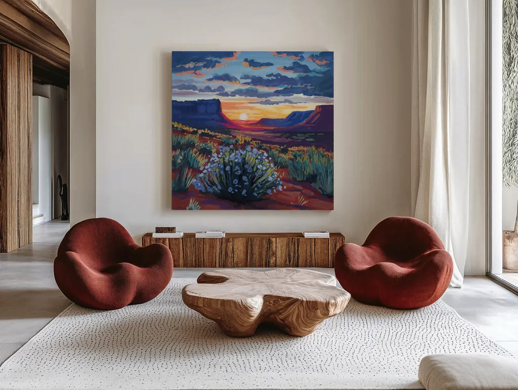 Desert Sunset On Blooming Bush by Kate Jarvik Birch. Shown as extra-large giant wall art in a modern living room. Available as an archival giclee rolled canvas, fine art paper, or poster print. SKU 98560a.