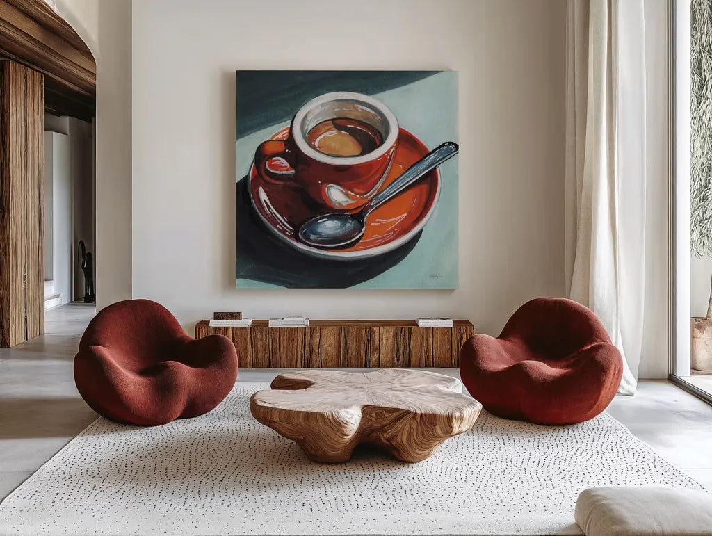Diner Espresso by Kate Jarvik Birch. Shown as extra-large giant wall art in a modern living room. Available as an archival giclee rolled canvas, fine art paper, or poster print. SKU 100958a.