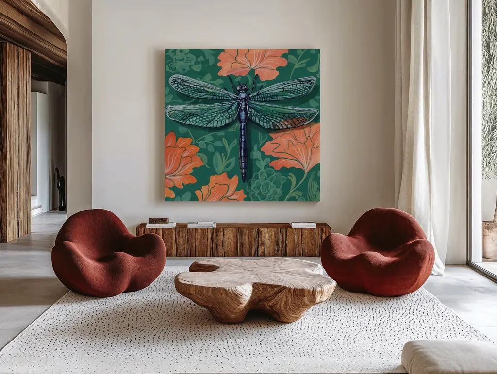 Dragonfly on The Wall by Kate Jarvik Birch. Shown as extra-large giant wall art in a modern living room. Available as an archival giclee rolled canvas, fine art paper, or poster print. SKU 98596a.