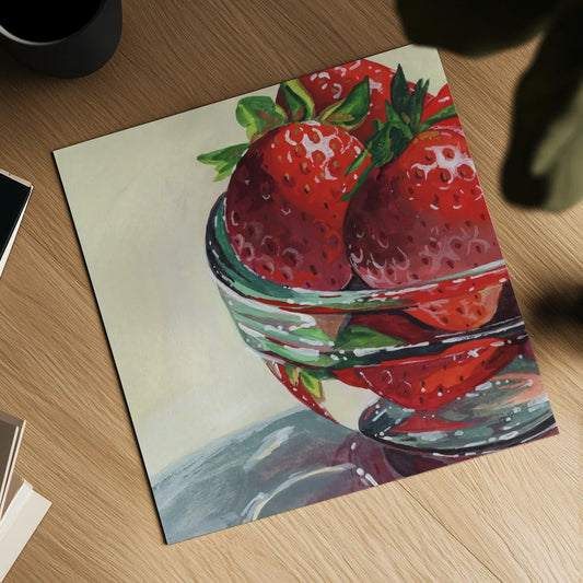 Glass Bowl Of Strawberries by Kate Jarvik Birch. Shown as a detailed flat fine art print, highlighting archival giclee quality. Available as an archival giclee rolled canvas, fine art paper, or poster print. SKU 101992a.