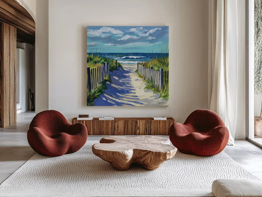 Grassy Path To The Beach I by Kate Jarvik Birch. Shown as extra-large giant wall art in a modern living room. Available as an archival giclee rolled canvas, fine art paper, or poster print. SKU 99684a.
